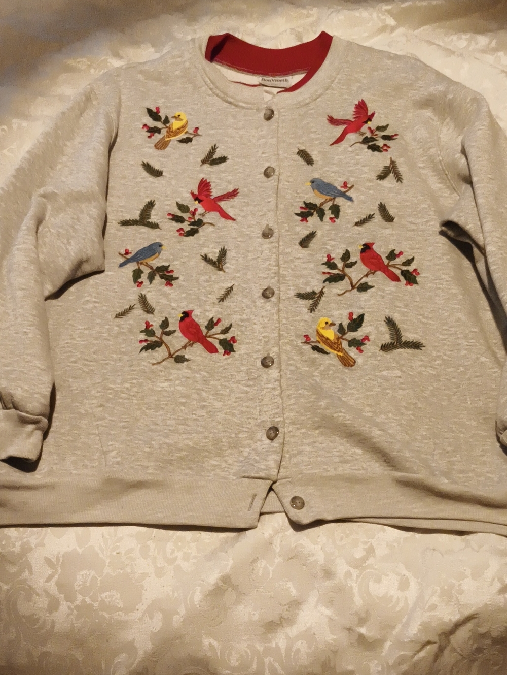 Bon Worth Light Gray Embroidered Bird Cardigan with Red Trim